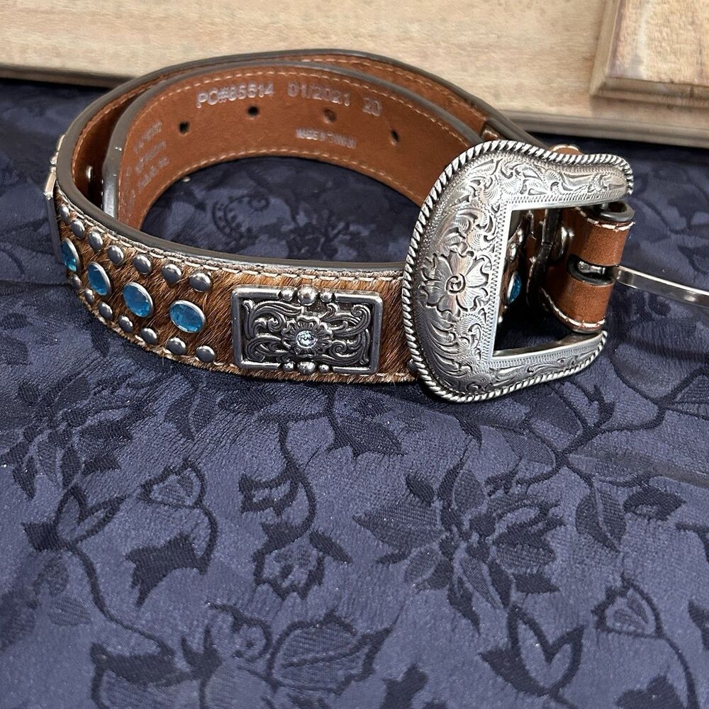 Nocona Youth Turquoise Rhinestone Belt Western Bling Animal Hide Rodeo Sz 20